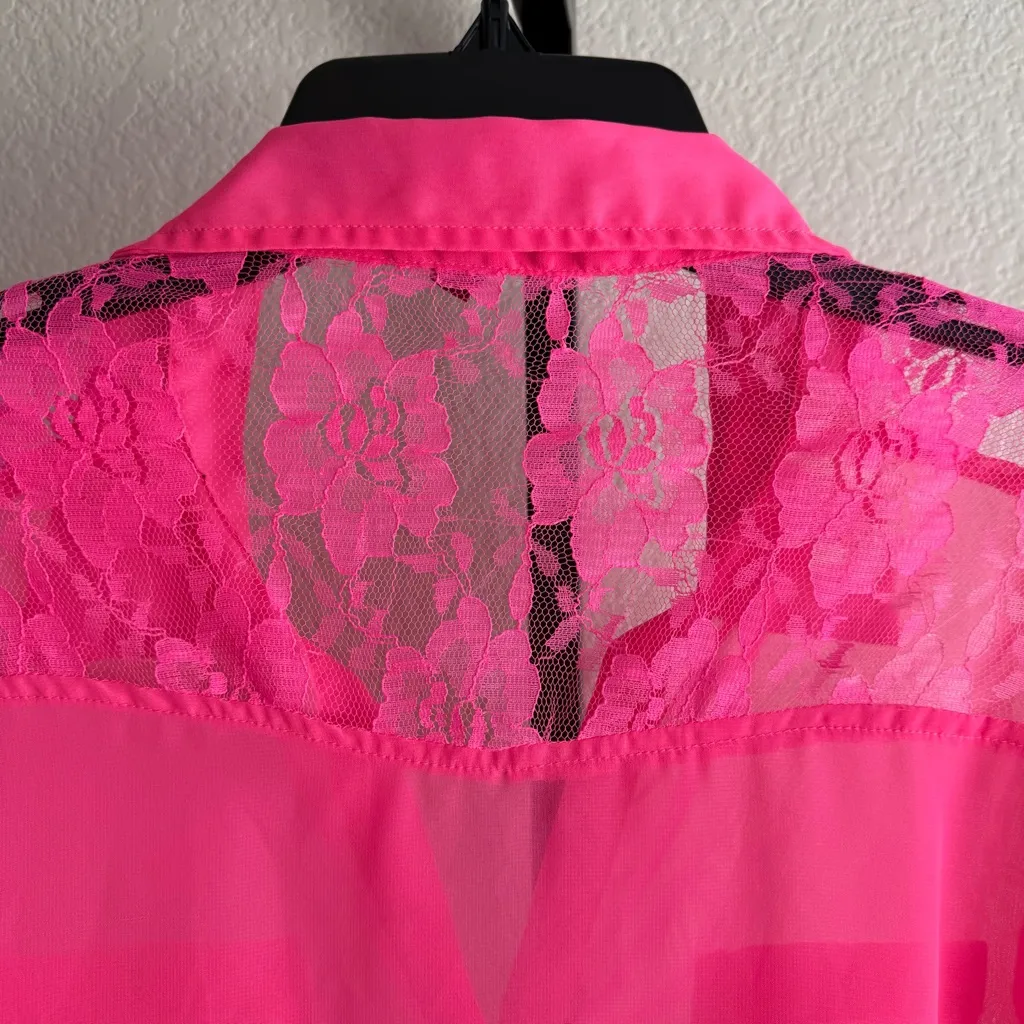 Women’s Juniors XL Hot Pink Sheer Blouse Long Sleeve Lace Back Tie Front Top Size undefined - Image 7