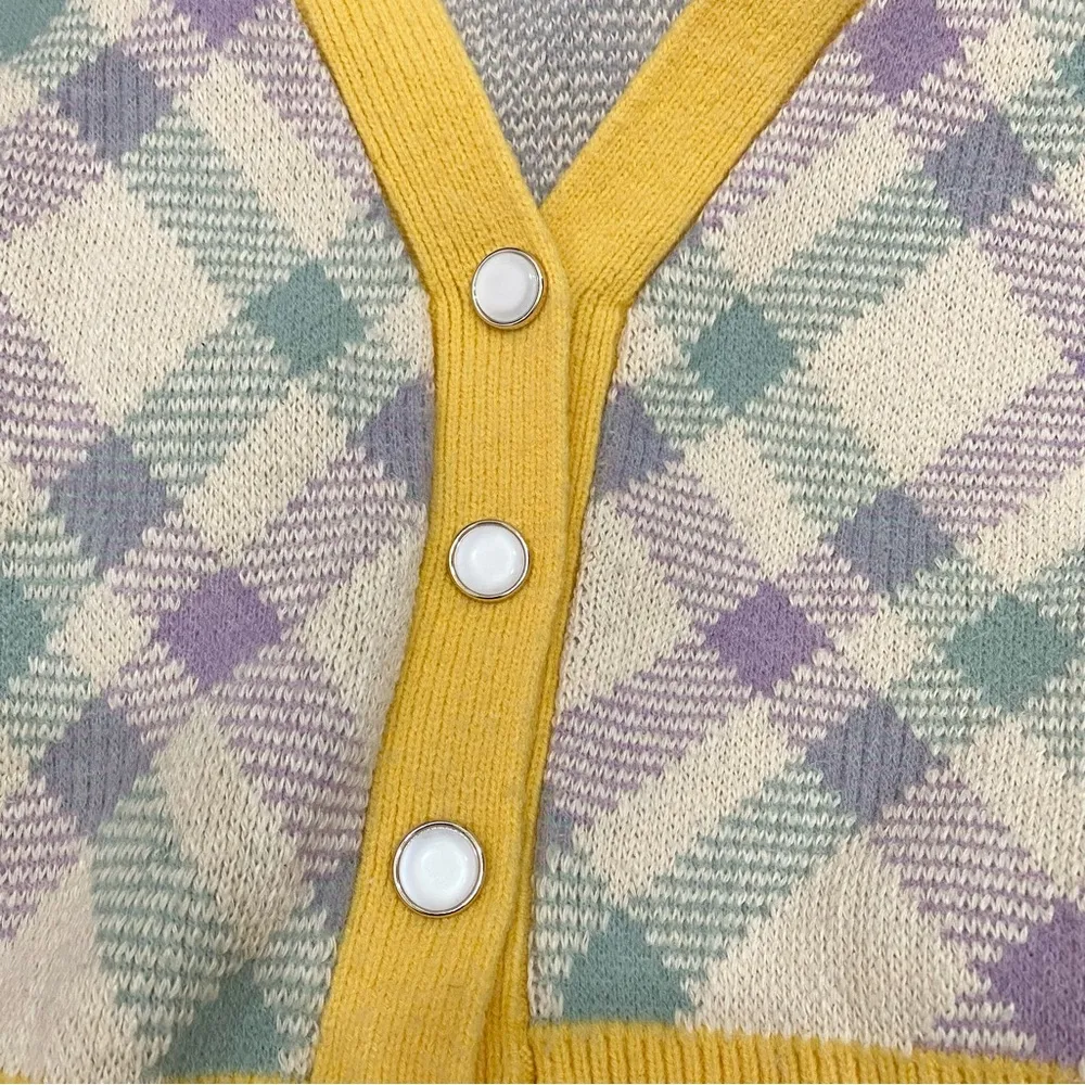 Checkered Plaid Yellow/Purple V Neck Knit Cropped Cardigan Sweater Yellow - Image 8