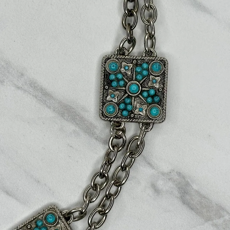 Faux Turquoise Studded Square Silver Chain Link Belt One Size (OS) ✨ - Image 7