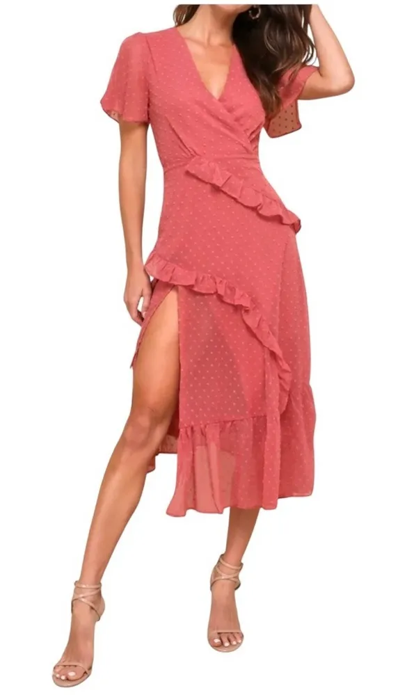 Lulus Next To You Rusty Rose Swiss Dot Ruffle Dress Women’s Size S Side Slit - Image 1