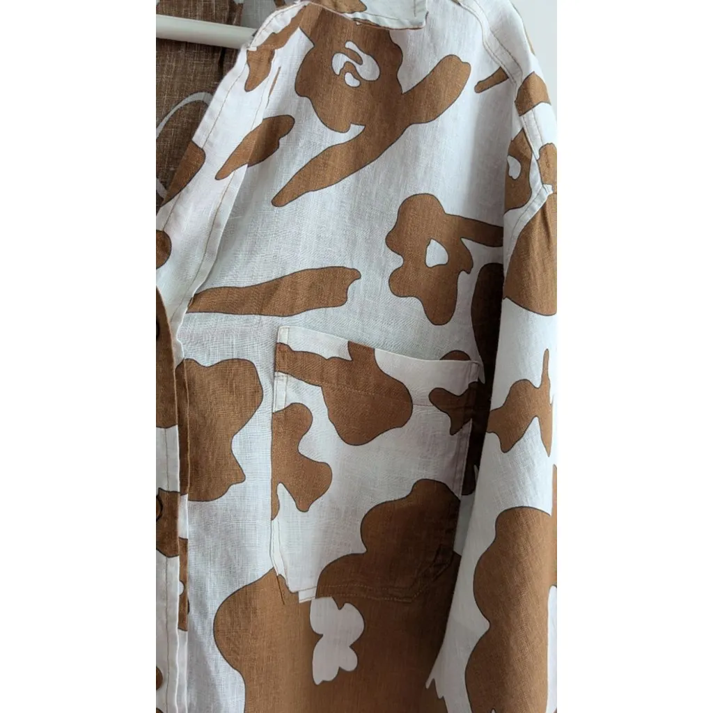 Women's Magaschoni Brown White Floral Linen Button Down Shirt L - Image 3