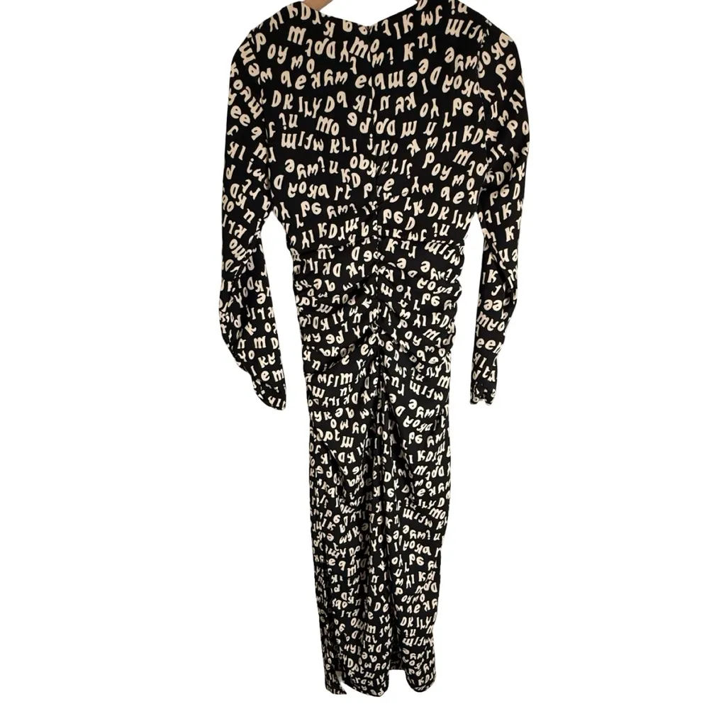 Mango Ruched Long Sleeve Letter Print Abstract Midi Dress Black White US 4 NWT - Image 6