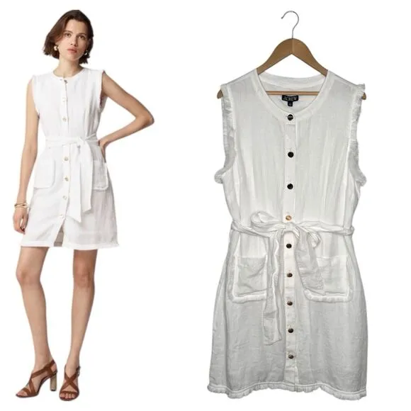 New J Crew Shirt Dress Womens XL Linen Raw Hem Belted Knee Length White BY817 - Image 2