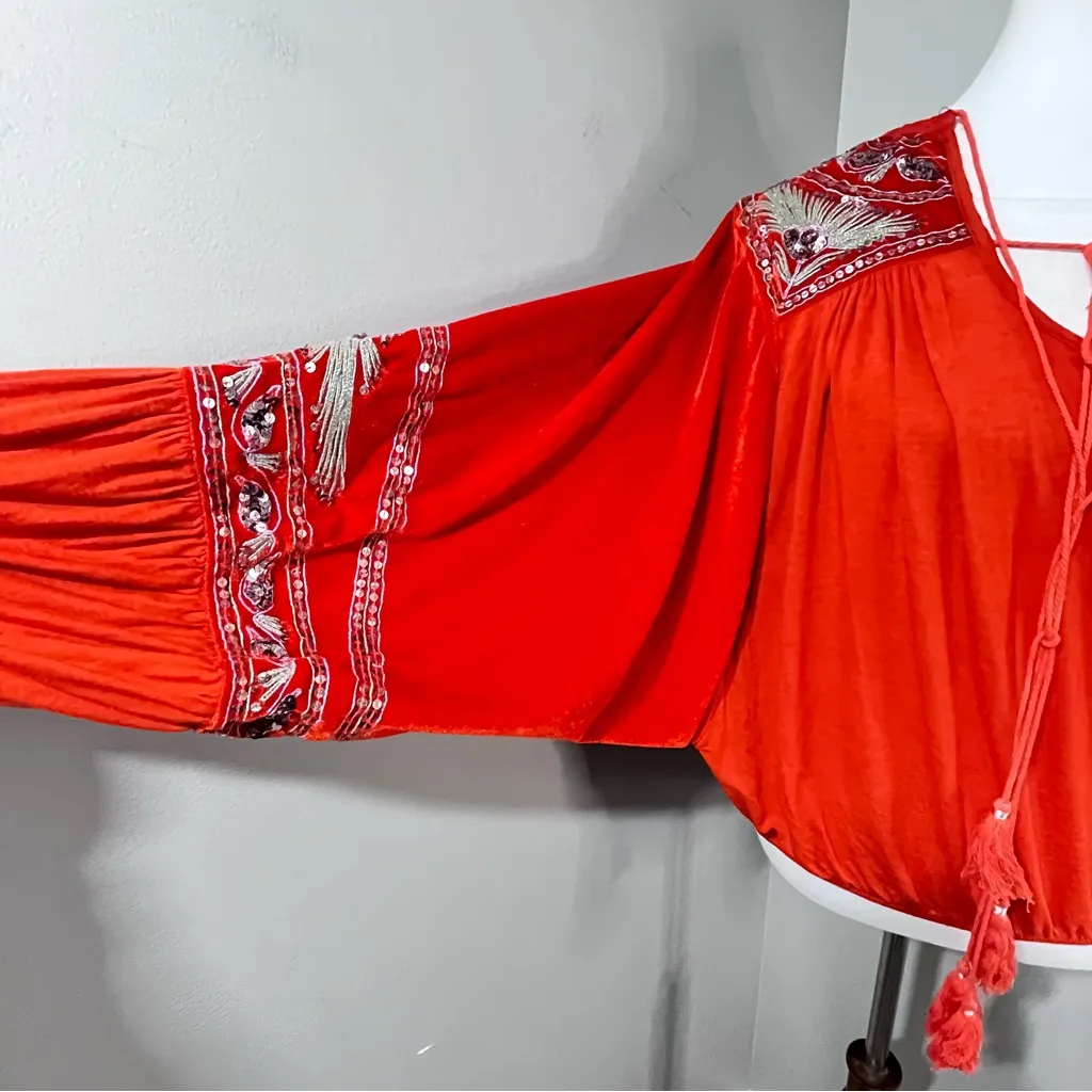 Free People Hearts Aflame Boho Blouse Red Orange Sequin Velvet Embroidered Sz M - Image 6