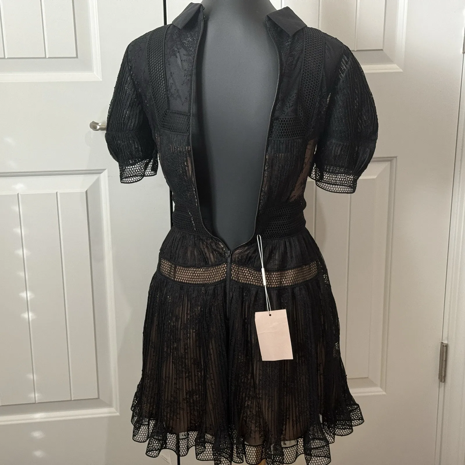 Self Portrait Short Sleeve W/ Collar Fine Lace Mini Dress Black size US 2/UK6 - Image 4