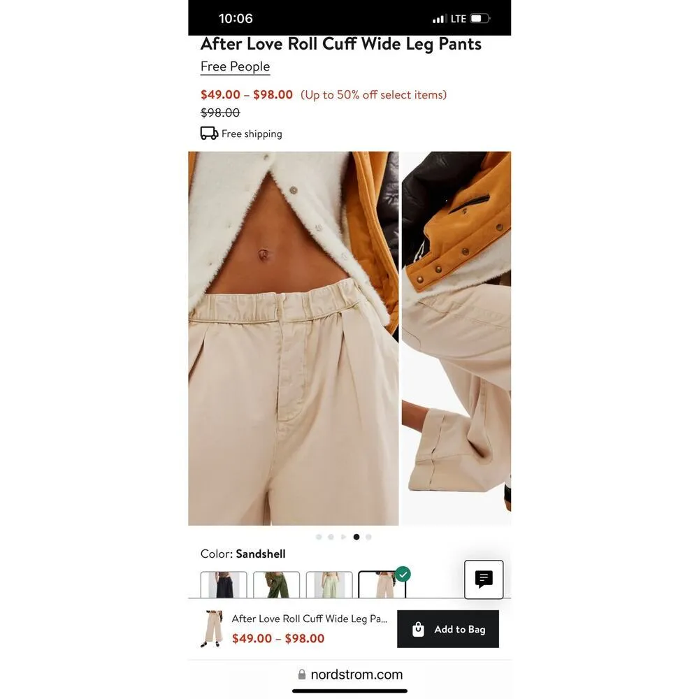 Free people wide leg, elastic waist brushed, cotton, cuffed cropped pants M - Image 2