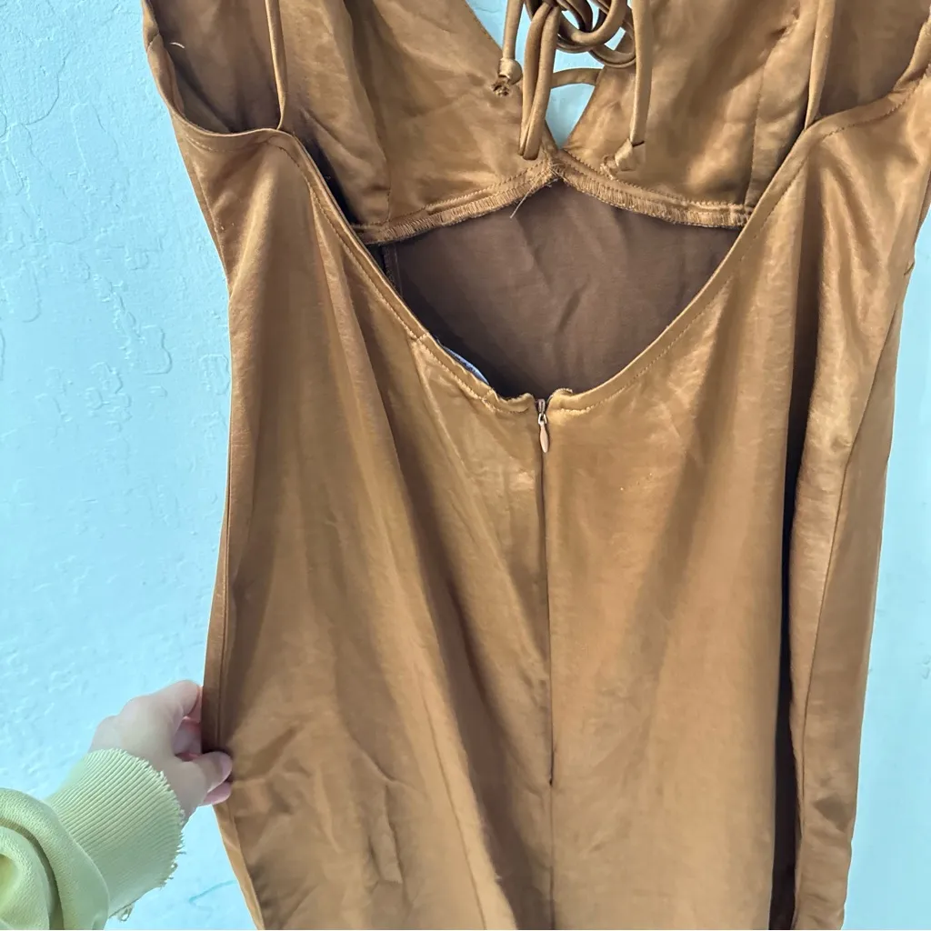 Wild Fable Brown Satin Slip Dress MIDI Adjustable Strap Side Slit Dress M - Image 5