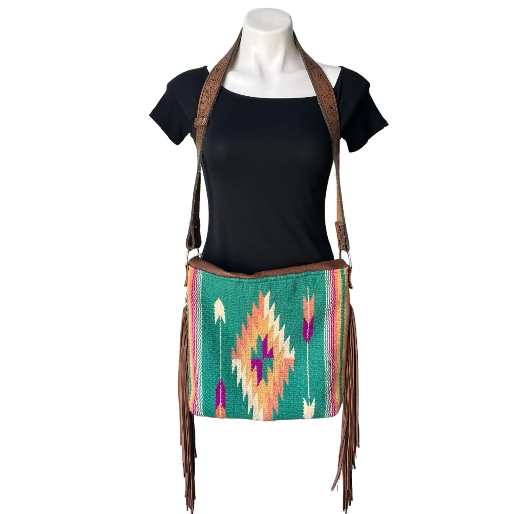 Doc & Dolly Handbags Leather Boho Saddle Blanket Cross Body Western Purse Green - Image 4