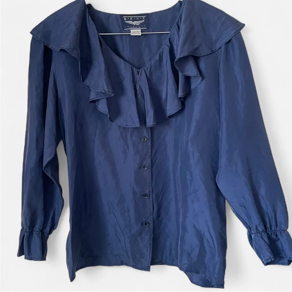 Best American Clothing Co 100% Silk Button Down Ruffle Collar Long Sleeve Blouse Blue - Image 1
