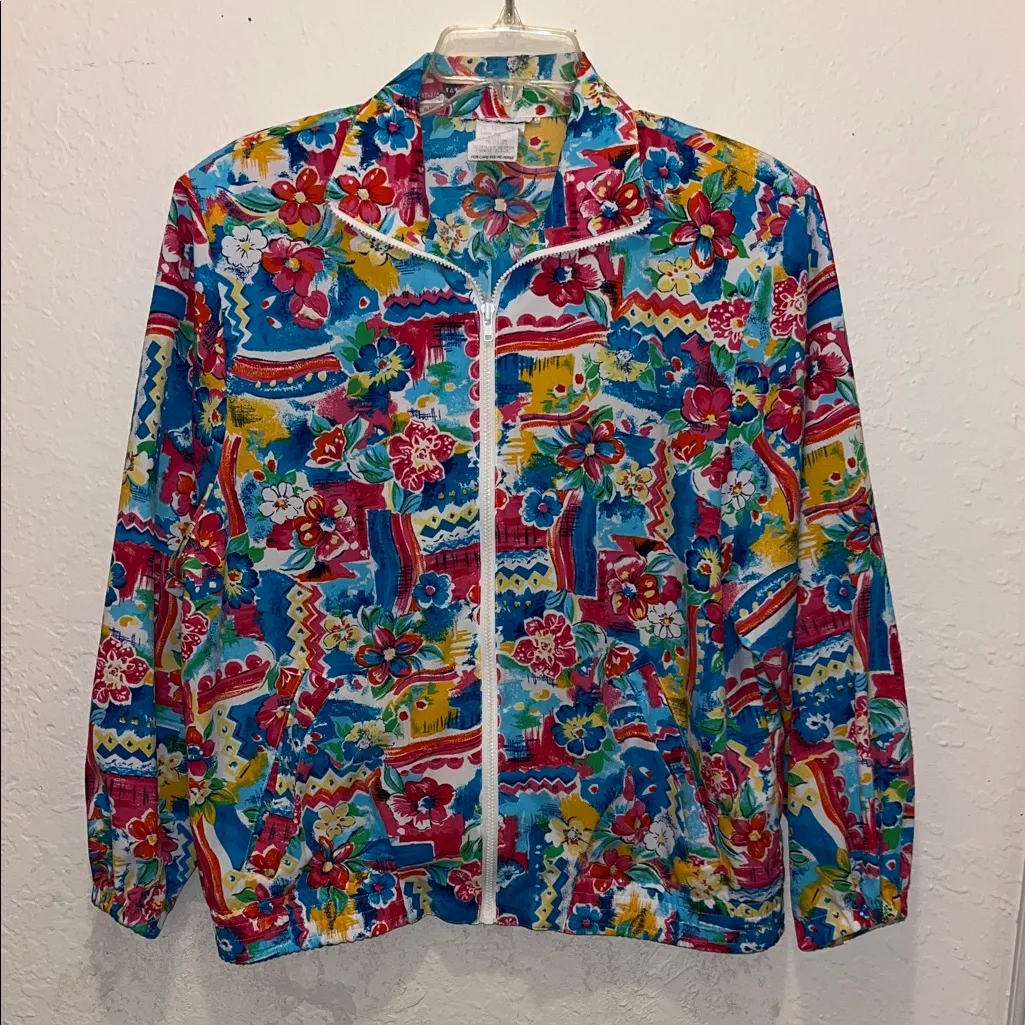Vintage Tropical Floral Zip Up Jacket Red Size M - Image 2