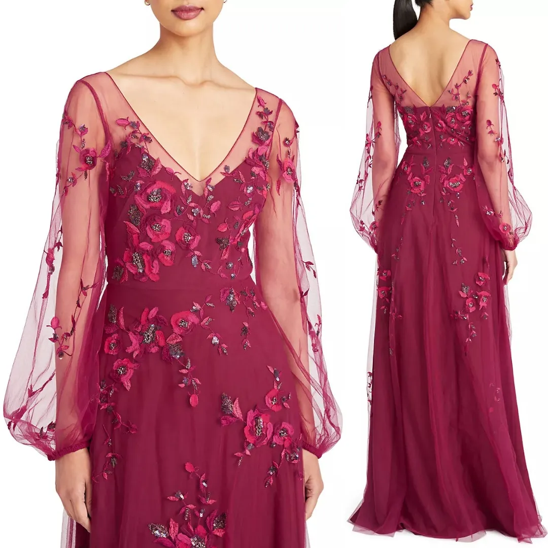 Theia Adora Beaded Sheer‎ Sleeve Gown Fig Burgundy Red Size 4 NWT - Image 4