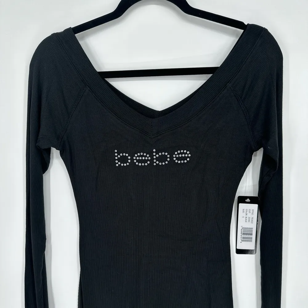 Bebe Long Sleeve Logo Dress Swarovski Crystal Rhinestone Black Style 701822 Sz S - Image 4
