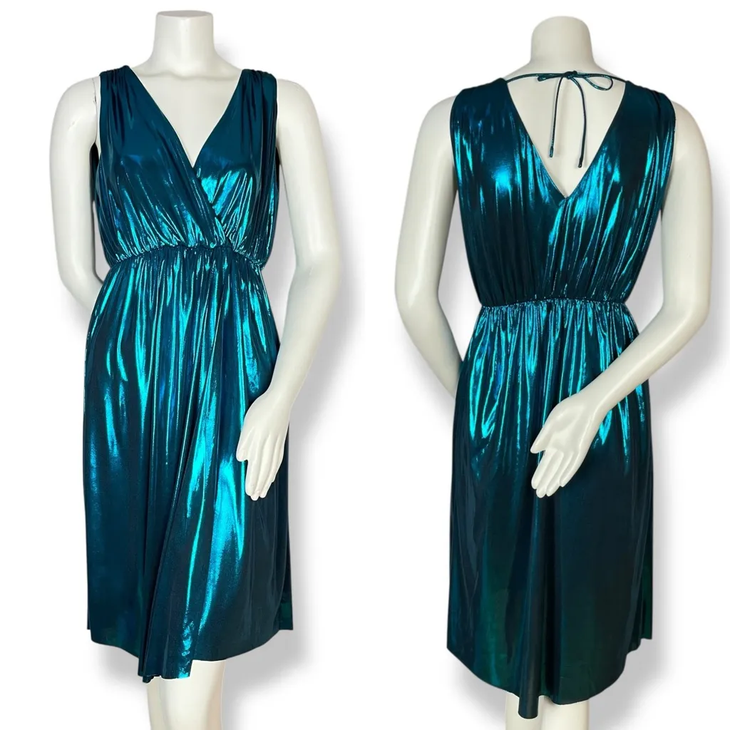 Zara Dress Metallic Wrap Style Blue Size XS Disco Party Grecian Tie Retro V-Neck - Image 5