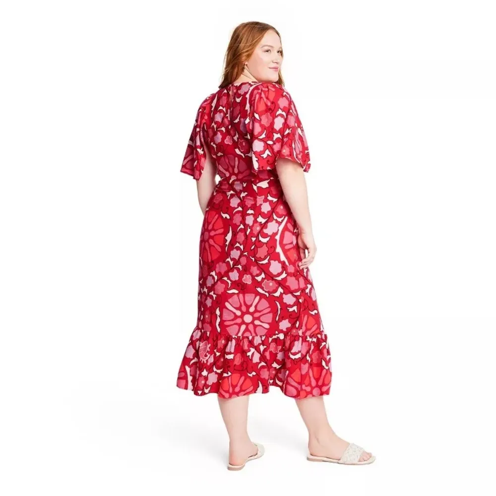 NEW Rhode x Target Zinnia Floral Print Bell Sleeve Midi Dress Linen Plus Size 22 Red - Image 2