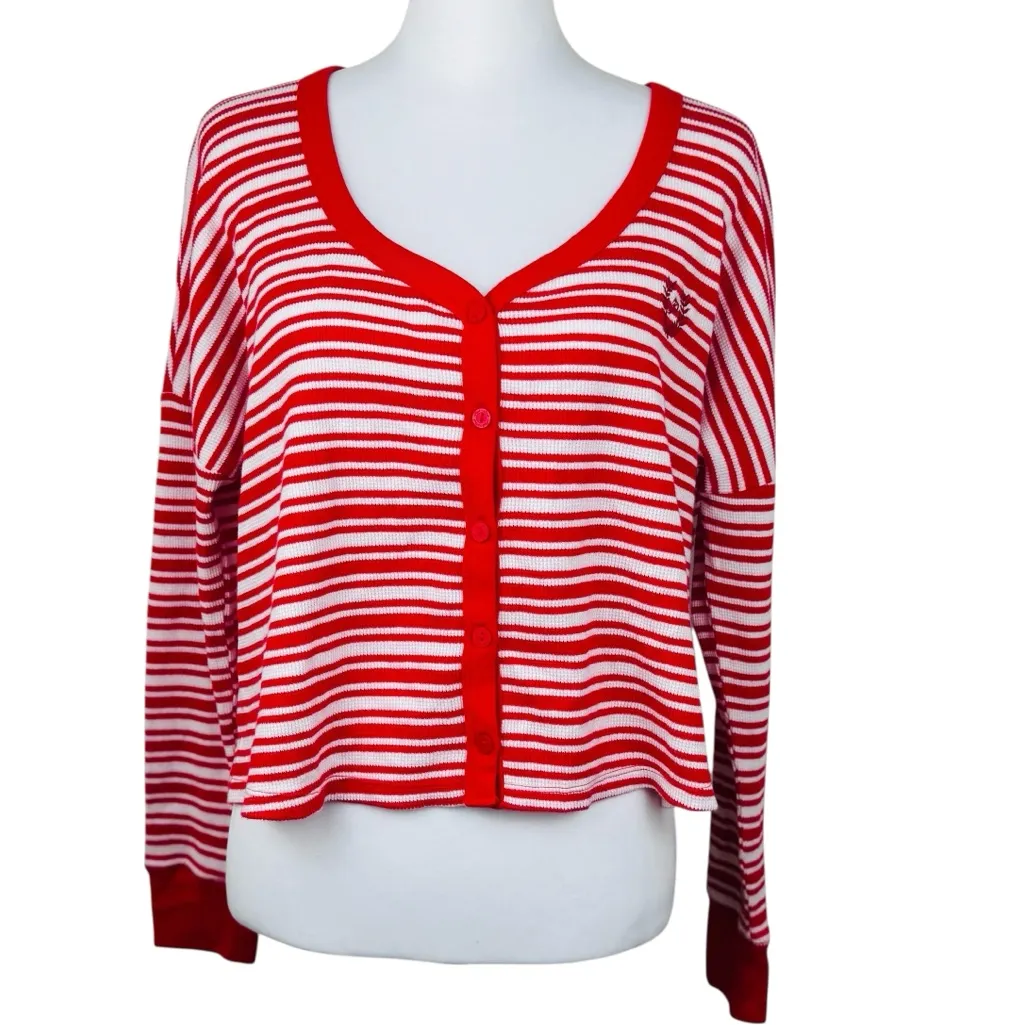NWT PiNK Victoria’s Secret Thermal Red White Stripe Pajama Shirt Boxy Shorts Set - Image 3