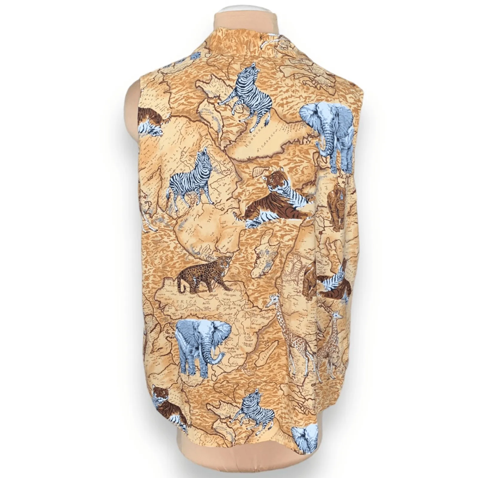 Vintage 90s North Crest Shirt Tan Sleeveless African Map Animal Print Plus 2X - Image 3