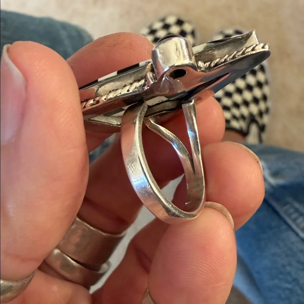 Sterling Silver black onyx checkered lightening bolt Statement Ring adjustable - Image 11