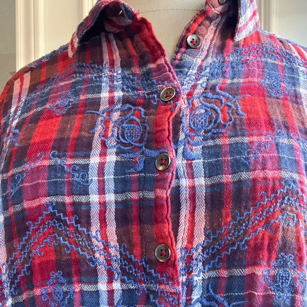 Free People XS Plaid Embroidered Button-Up Shirt Red/Blue Long Sleeve Cotton - Image 7