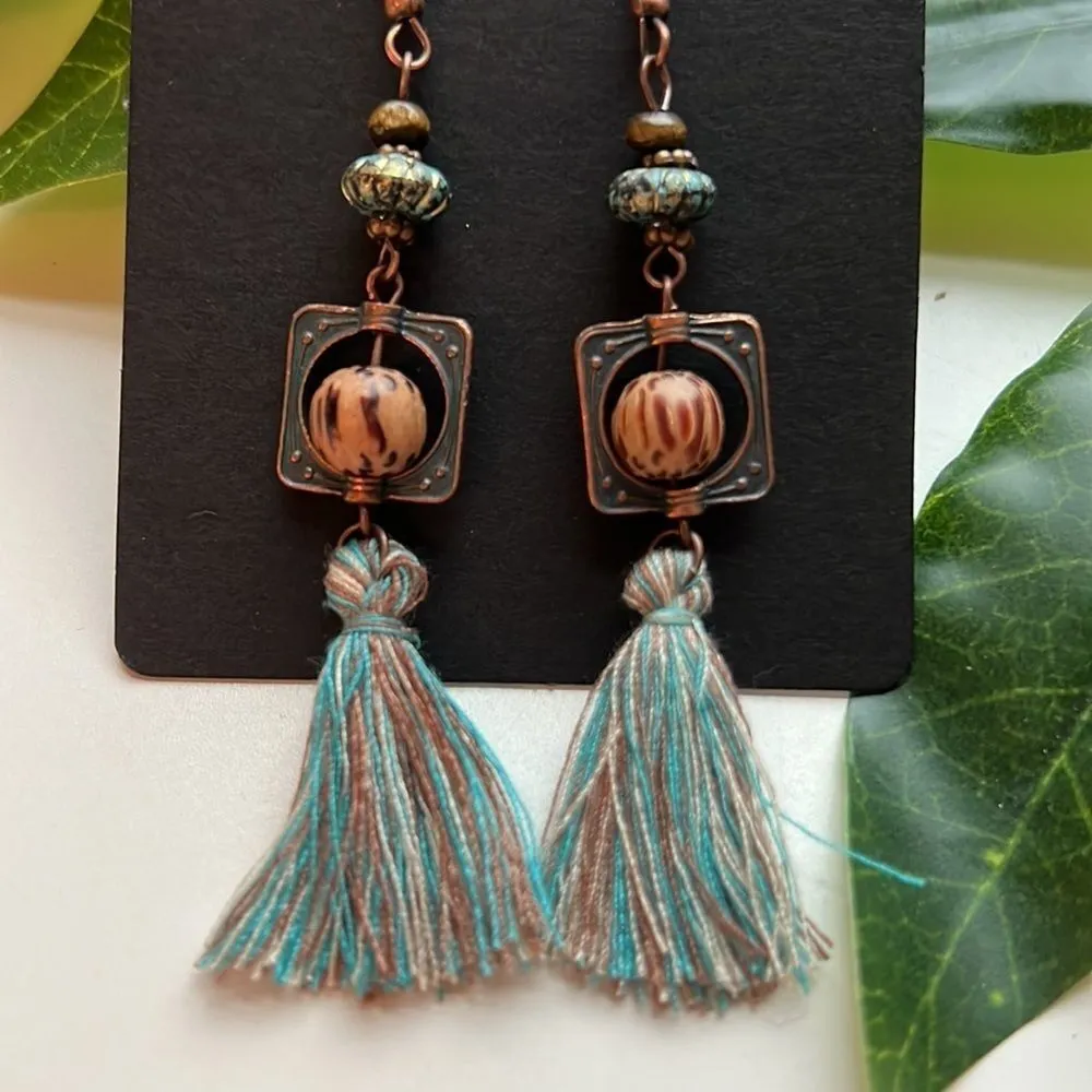 Copper and Brass Blue Tassel Earrings Brown - Image 2