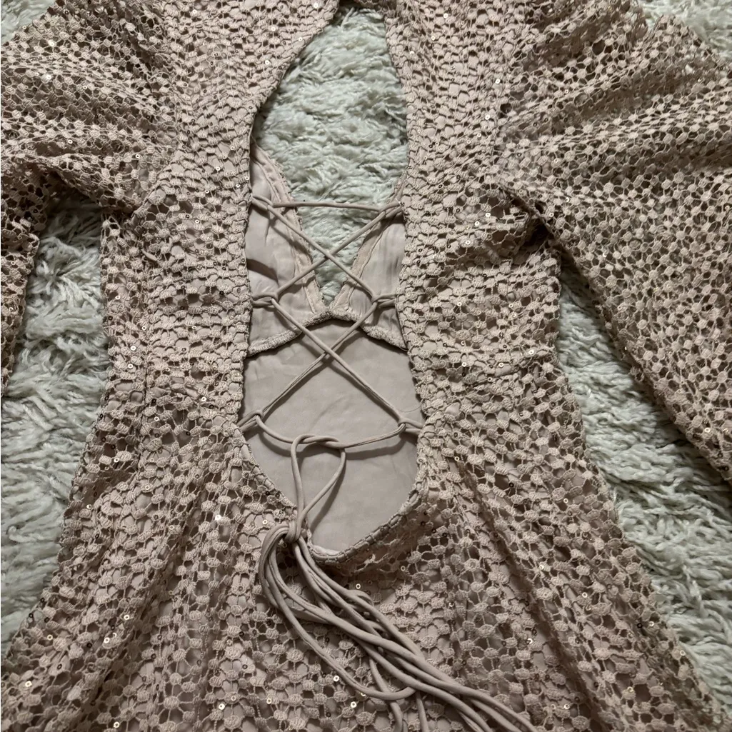 Free People Kaya Sequin Lace Mini Long Sleeve Dress in Beige Size S - Image 13