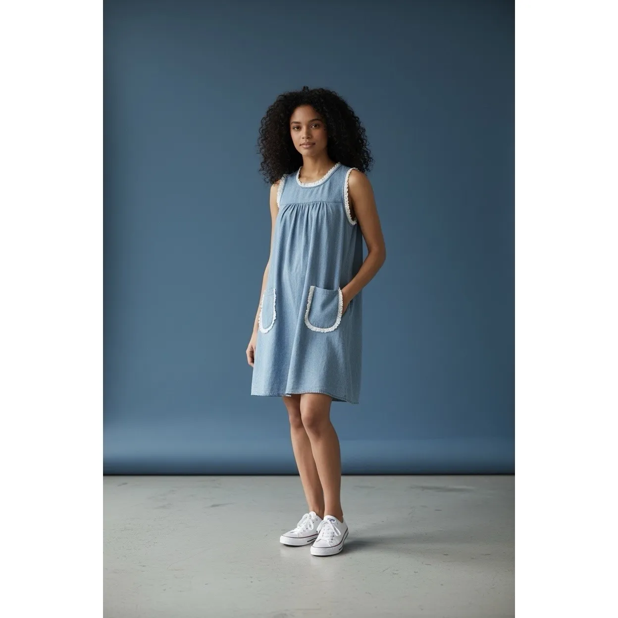 Tuckernuck Chambray Lotte Blue Dress Lace Trim S pockets cottagecore cover-up - Image 2