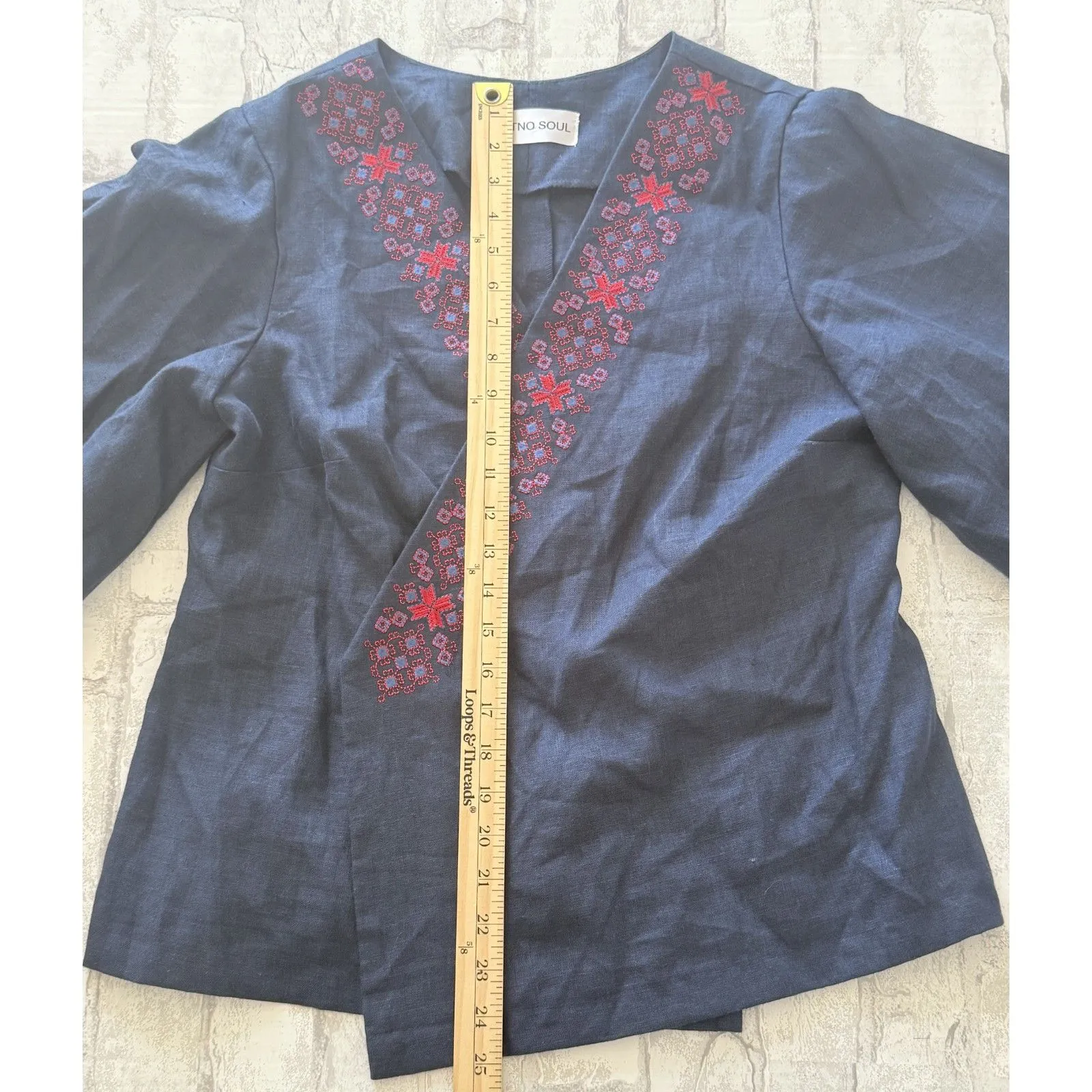 Etno Soul Blue Linen Embroidered Vyshyvanka Wrap Blouse Butterfly Sleeve No Belt Size undefined - Image 7