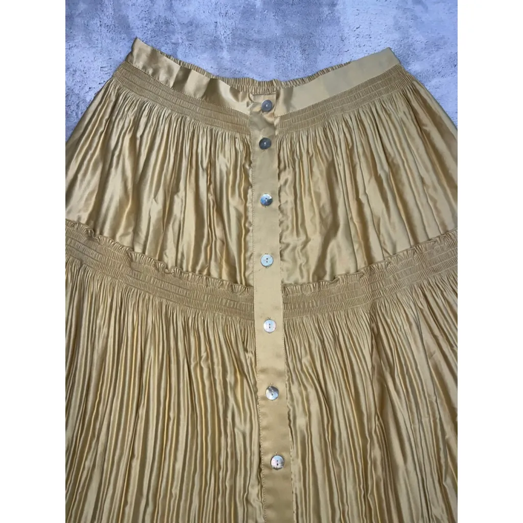 Women's Soft Surroundings Gold Tiered Button-Front Maxi Skirt M - Image 4