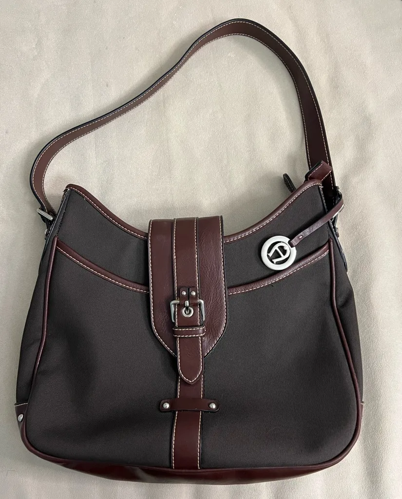 🤎 Etienne Aigner Brown Leather & Canvas Shoulder Bag | Classic Buckle Hobo - Image 1