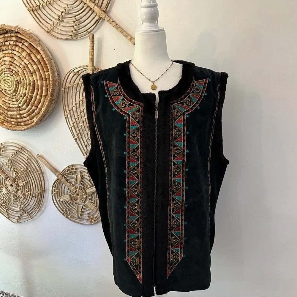 Vintage Bob Mackie Wearable Art Leather Vest Southwest Boho Embroidered Black 3X - Image 3