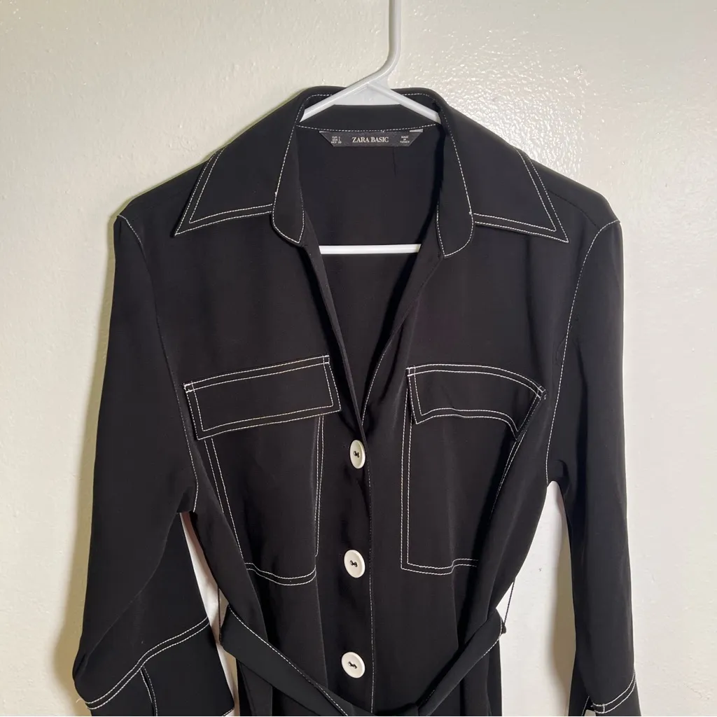 Zara Basic Contrast Stitch Mini Shirt Dress Black White L - Image 4