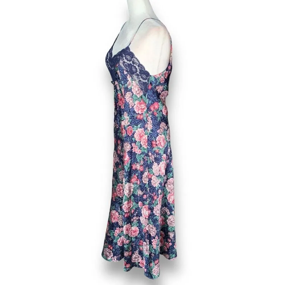 Vintage 90s Slip Dress Blue Baby Pink Spaghetti Strap Dark Floral Open Back Lace Size M - Image 5