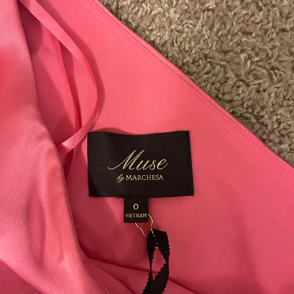 NWT Muse By Marchesa Gardenia One Sleeve Satin Dress in Size 0 & color “Punch” Pink - Image 11
