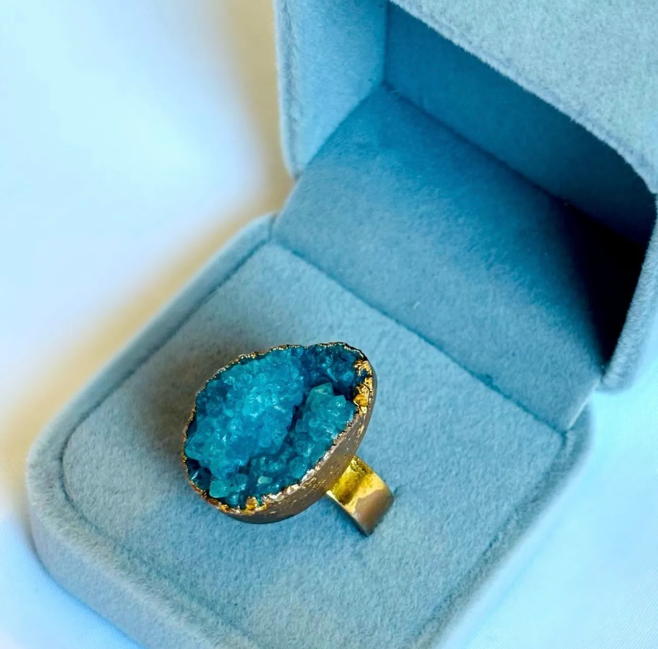 Size 6.5 7 7.5 Teal Blue Gem Aqua Druzy Crystal Fine Original Art Ring Freeform Gemstone UNISEX Solid Metal Plated Gold Filled Rustic Free Form - Image 7