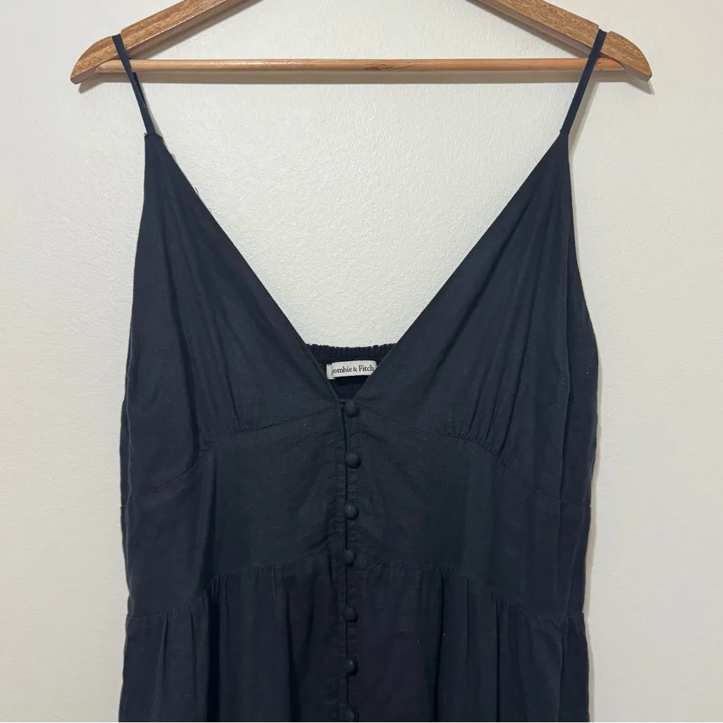 Abercrombie & Fitch Linen Black Button Through Plunge Maxi Dress Large Tall - Image 5