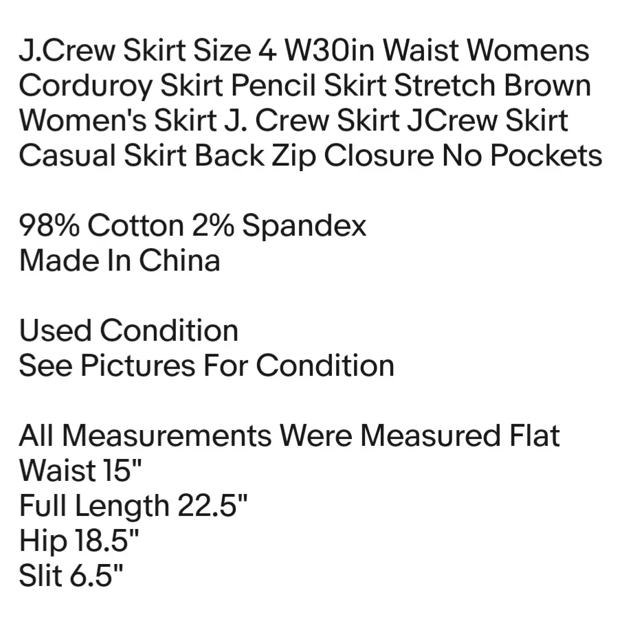 Skirt Size 4 W30in Waist Womens Corduroy Skirt Pencil Skirt Stretch Brown - Image 2