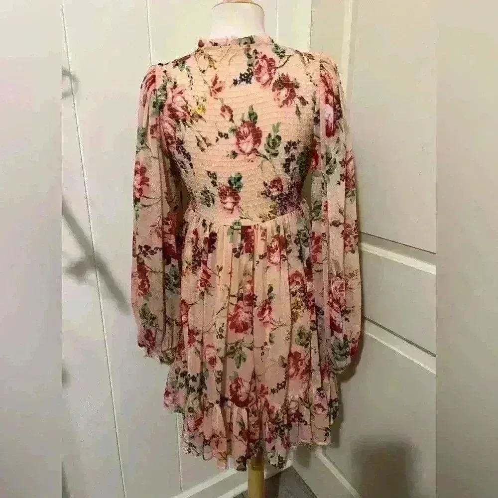 By Timo Pink Floral Long Sleeve Mini Dress Small Made in India Coquette Fairy - Image 2