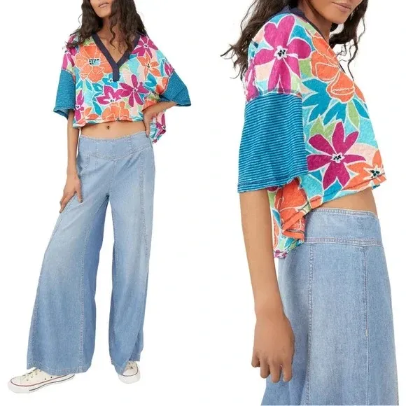 NWT Free People Floral Striped Collared On A Boat Boxy Crop Polo Shirt - Image 4