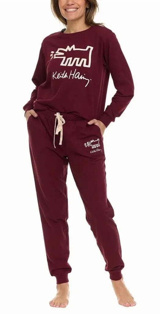 NWT Keith Haring Women's 2 Piece Fleece Lounge Pajama Set, (Burgundy Small) Red - Image 1