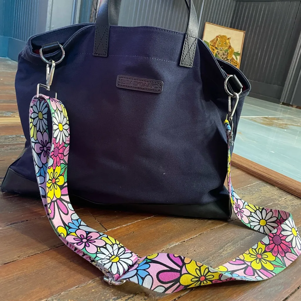 Baekgaard Oliver Metro Tote Bag – Navy Canvas & Black Leather + Floral Strap 💛🎀 Blue - Image 1
