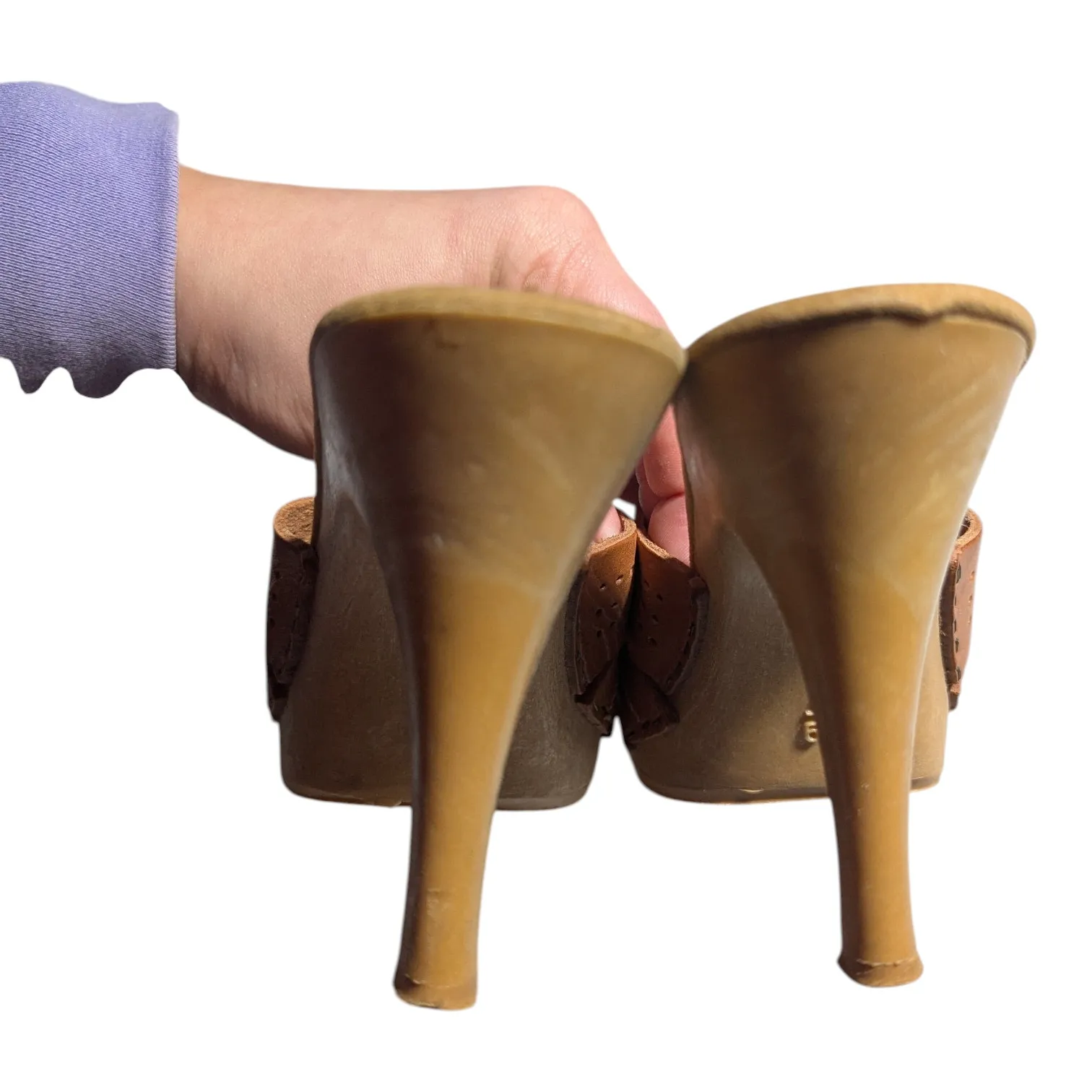 Vtg 1970s Cognac Brown Leather Made In Italy Composite Heel Mule Sandals Sz 8 - Image 3