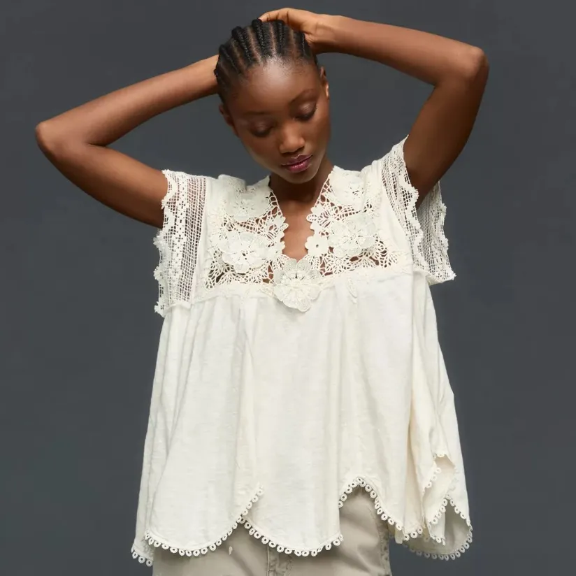 By Anthropologie V-Neck Lace Swing Top Elegant Cream Lace Women Top - Image 2