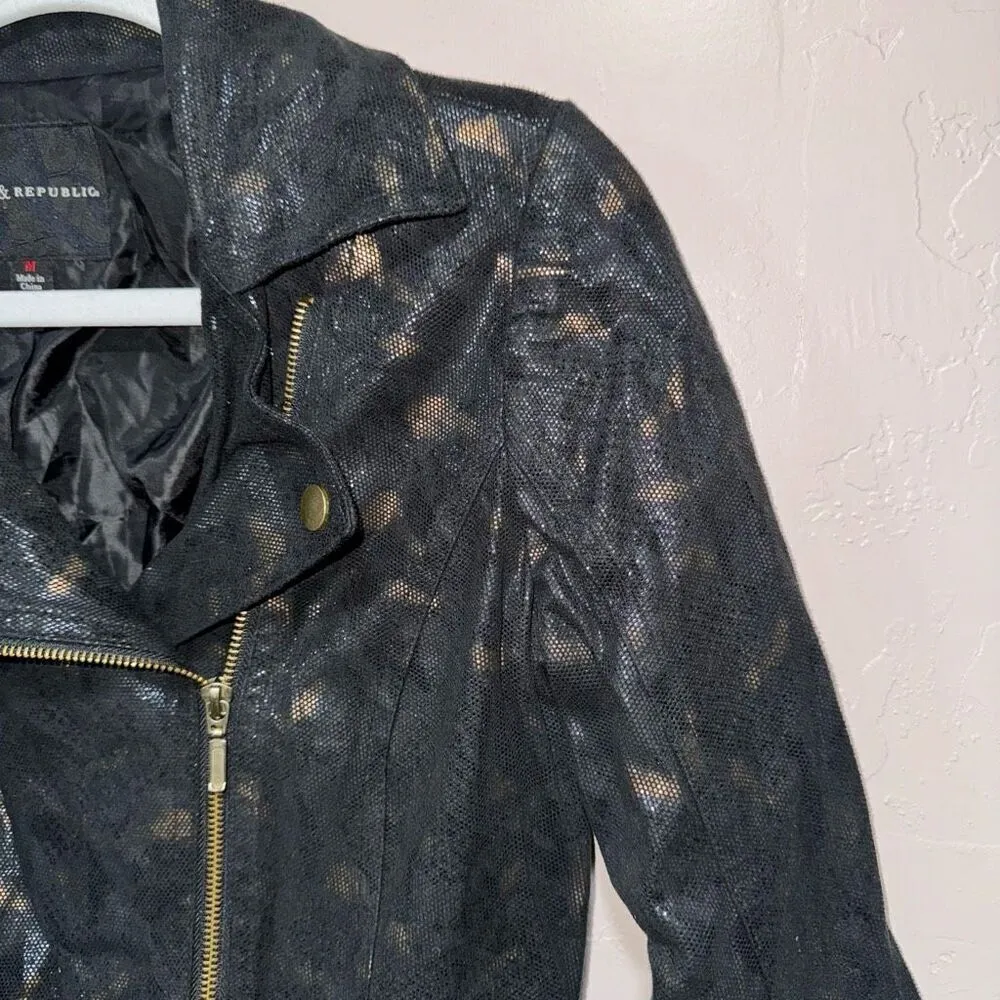 Rock & Republic Snake Prink Faux Leather Metallic Black & Gold Jacket Size Mediu - Image 2