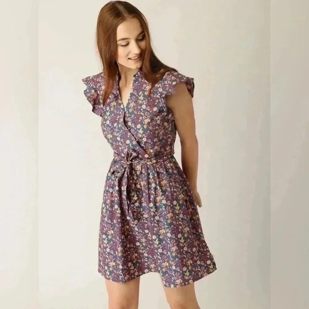 United colors of Benetton floral ruffle sleeve wrap dress with belt XS - Image 2