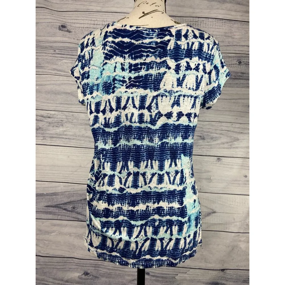 Nicole Miller V Neck Linen Shirt Women S Tie Dye Short Sleeves Lightweight Blue - Image 4