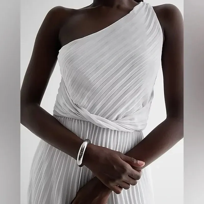 [Express] Oyster Mushroom Twist Front Pleated One-Shoulder Maxi Dress NWT Sz XL - Image 2