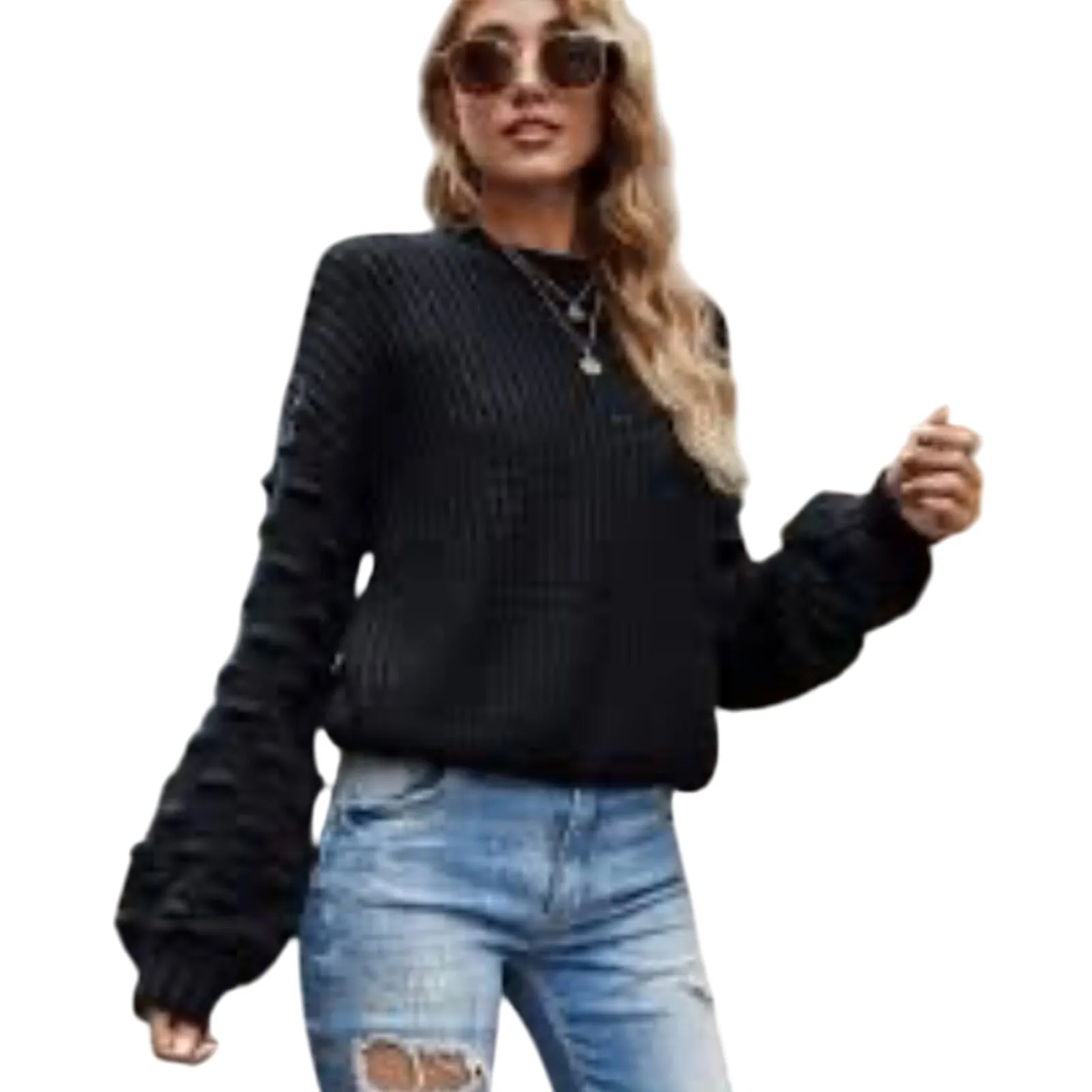 Racheal Lantern Cable Knit Oversized Dolman Sleeve Pullover Sweater Large Black - Image 3
