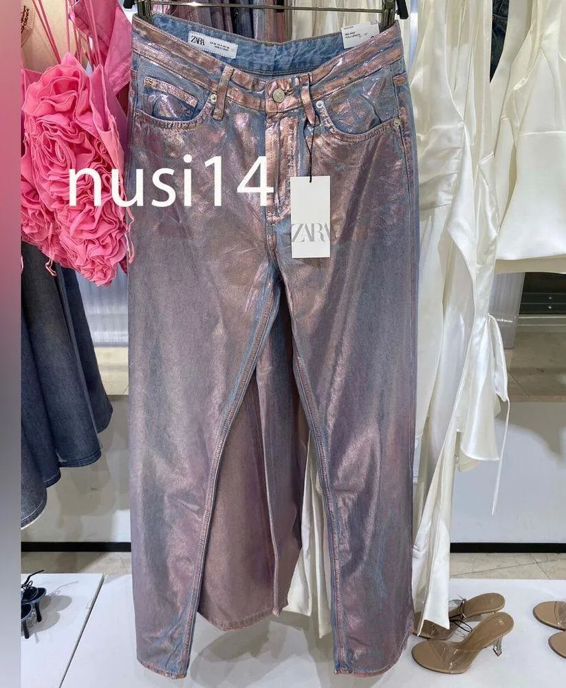 Zara MID WAIST FULL LENGTH TRF FOIL SILVER METALLIC WAXED JEANS SIZE 6 NEW - Image 13