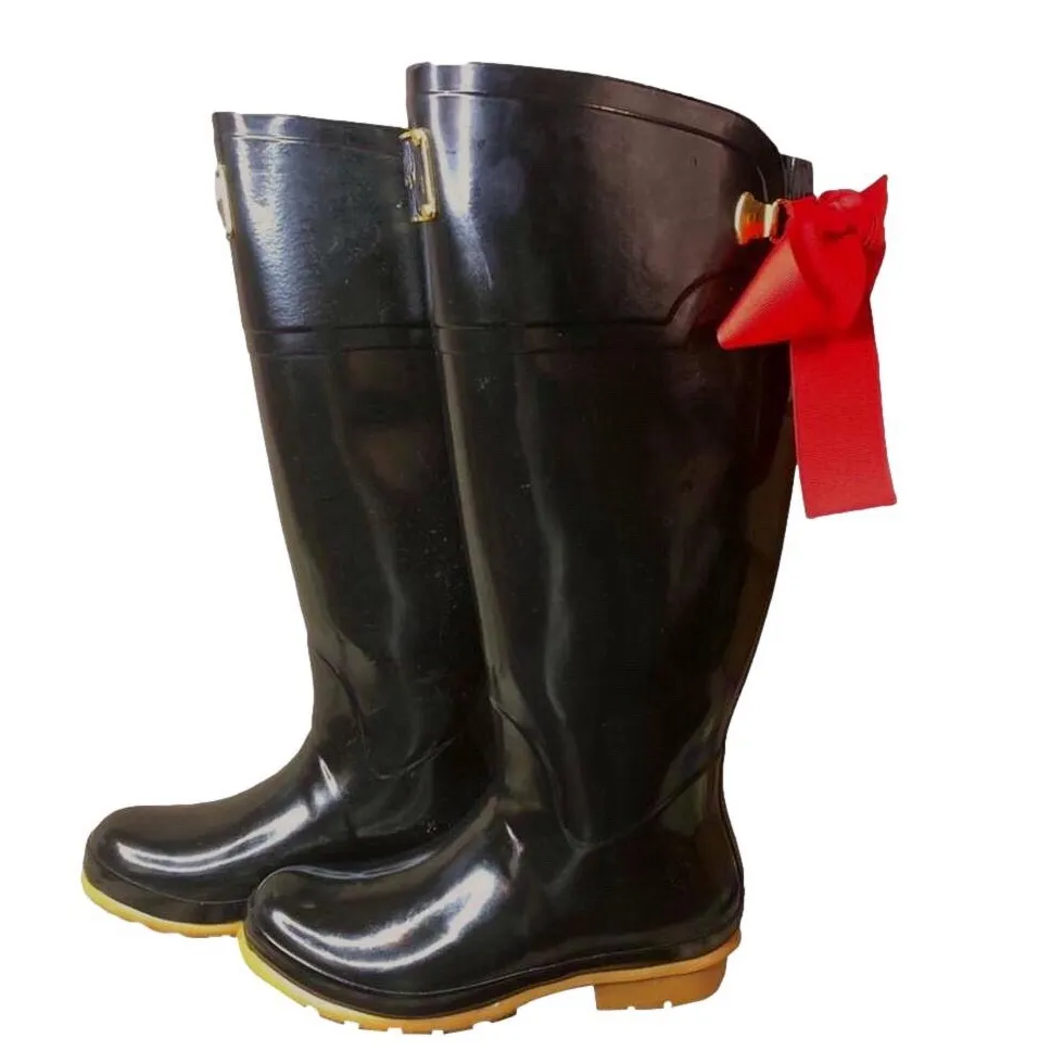 JOULES EVEDON Tall Black Rain Boots with Red Bows US Size 8 - Image 15
