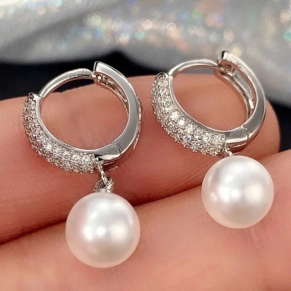 925 Silver freshwater Pearl dangle Earrings Zircon Elegant womens Jewelry - Image 3