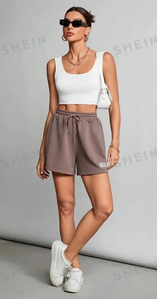 SHEIN Tall Summer Loose And Casual Brown Drawstring Waist Detail Sports Shorts - Image 2